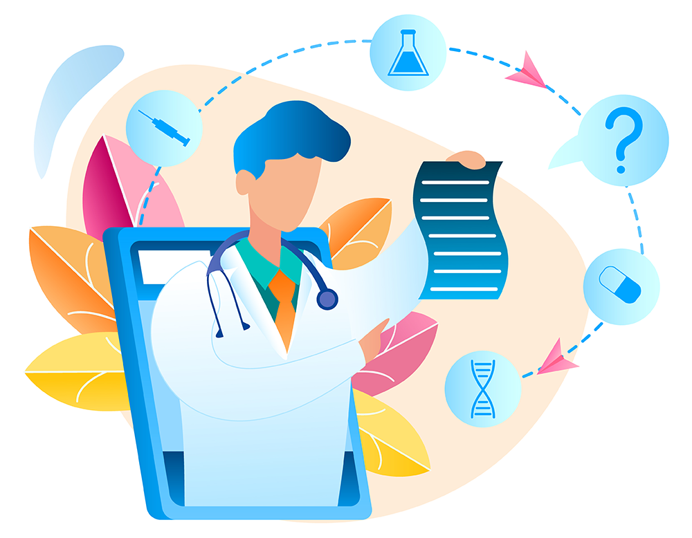 Graphic image of doctor with patient data sheet